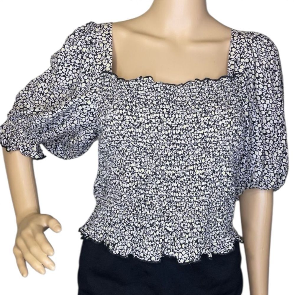 H&M Balloon Sleeve Elastic Bodice Floral Blouse Black White Yellow Size Medium